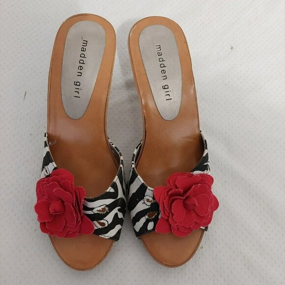 Madden Girl Kizzez Zebra Print Red Flower Fabric Canvas Sandals Heels Size 7 - Picture 3 of 8